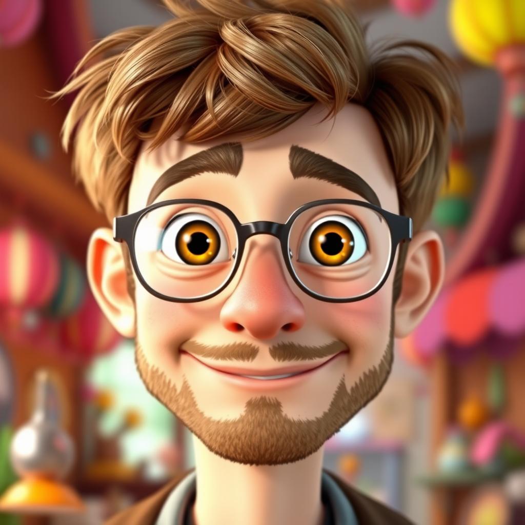 A Pixar-style animated character of a man in his late 30s, featuring light brown, disheveled hair styled with bangs