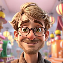 A Pixar-style animated character of a man in his late 30s, featuring light brown, disheveled hair styled with bangs