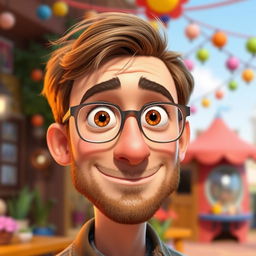 A Pixar-style animated character of a man in his late 30s, featuring light brown, disheveled hair styled with bangs