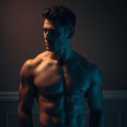 A sensual and artistic portrait of a sexy man posing confidently, showcasing his muscular physique