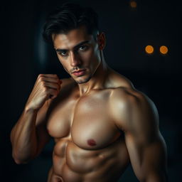 A sensual and artistic portrait of a sexy man posing confidently, showcasing his muscular physique