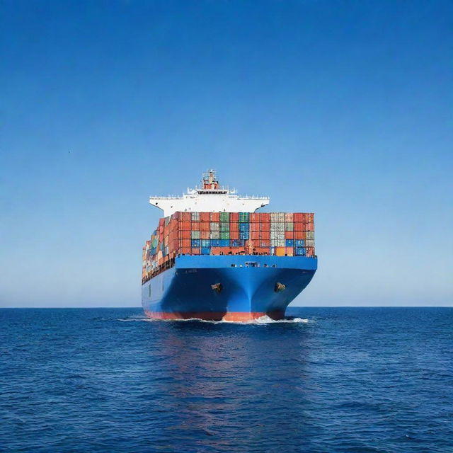 A mammoth container ship sailing in the deep blue ocean under a clear sky. The ship is loaded with colorful containers, creating a vibrant image against the tranquil sea.