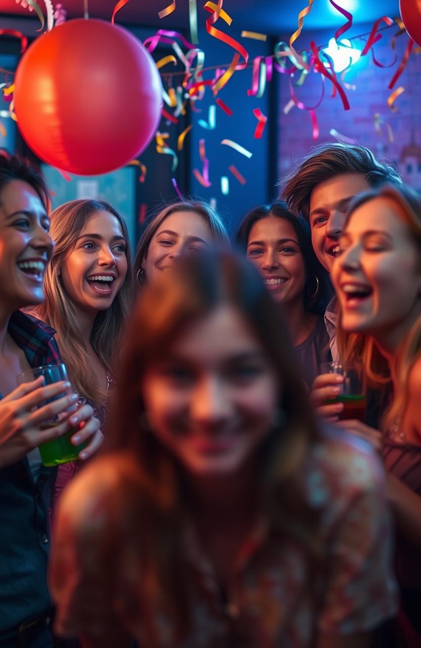 A group of people laughing and having fun at a party, but one person in the background looks uneasy and isolated