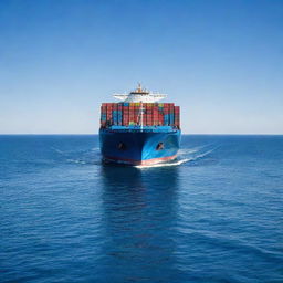 A mammoth container ship sailing in the deep blue ocean under a clear sky. The ship is loaded with colorful containers, creating a vibrant image against the tranquil sea.