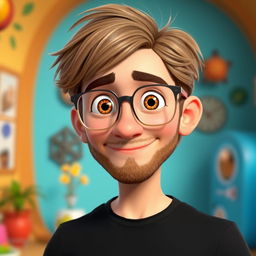 A Pixar-style animated character of a man in his late 30s, featuring light brown, disheveled hair styled with bangs