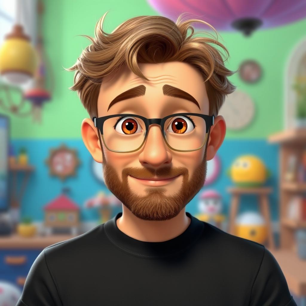 A Pixar-style animated character of a man in his late 30s, featuring light brown, disheveled hair styled with bangs