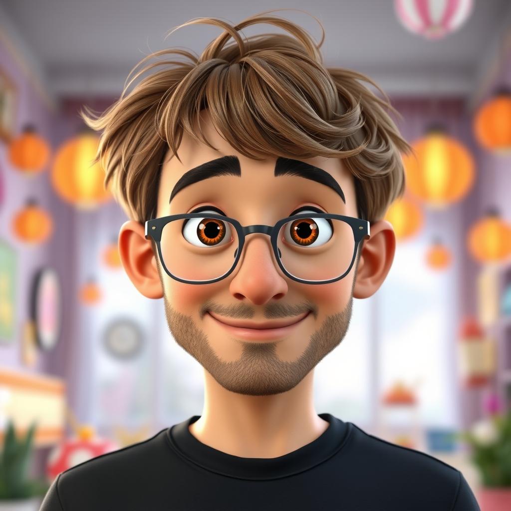 A Pixar-style animated character of a man in his late 30s, featuring light brown, disheveled hair styled with bangs