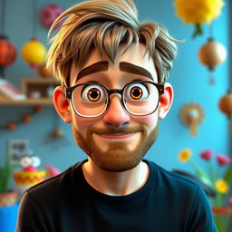 A Pixar-style animated character of a man in his late 30s, featuring light brown, disheveled hair styled with bangs