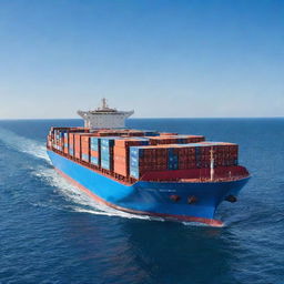 A mammoth container ship sailing in the deep blue ocean under a clear sky. The ship is loaded with colorful containers, creating a vibrant image against the tranquil sea.