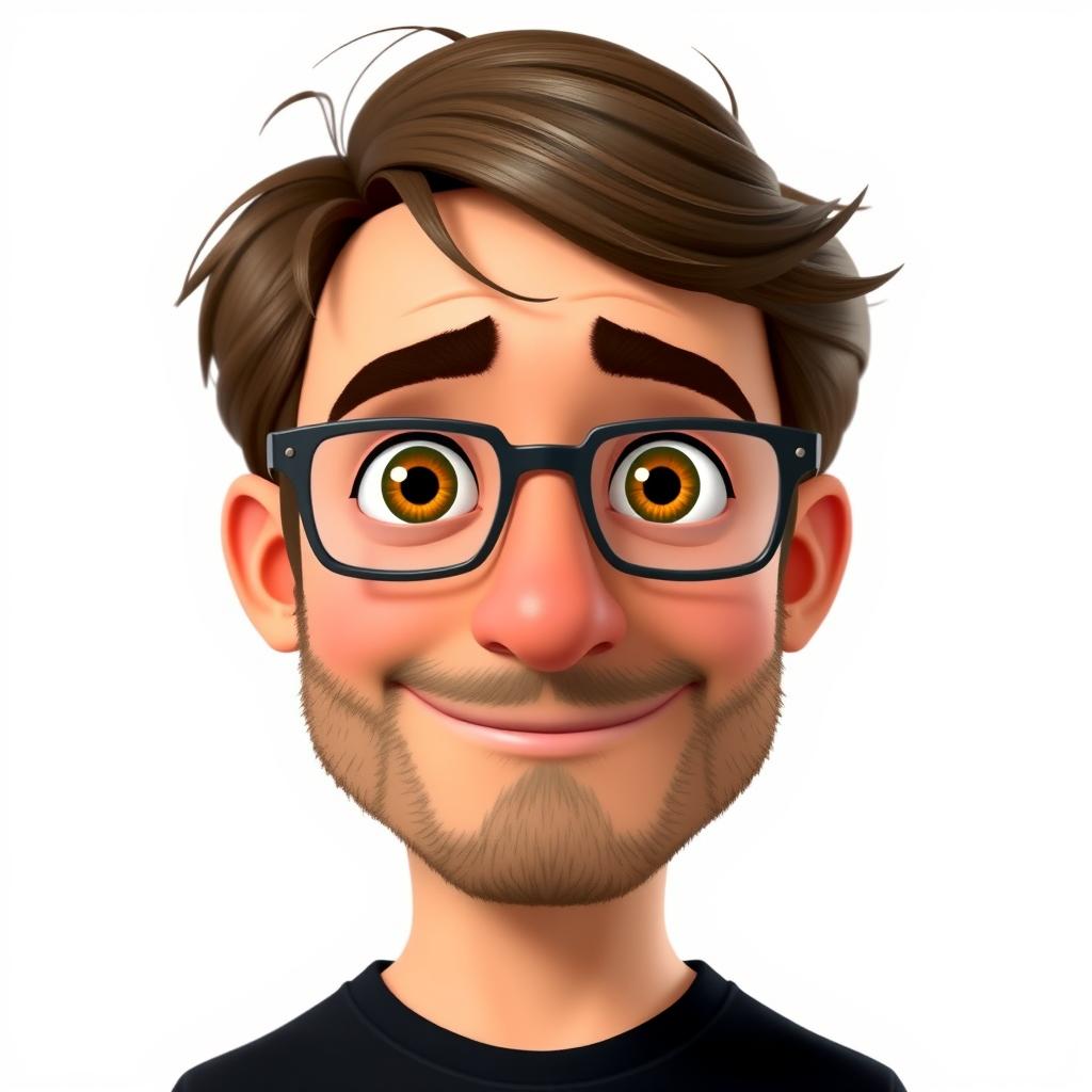 A Pixar-style animated character of a man in his late 30s, featuring light dark brown disheveled hair styled with bangs