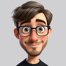 A Pixar-style animated character of a man in his late 30s, featuring light dark brown disheveled hair styled with bangs