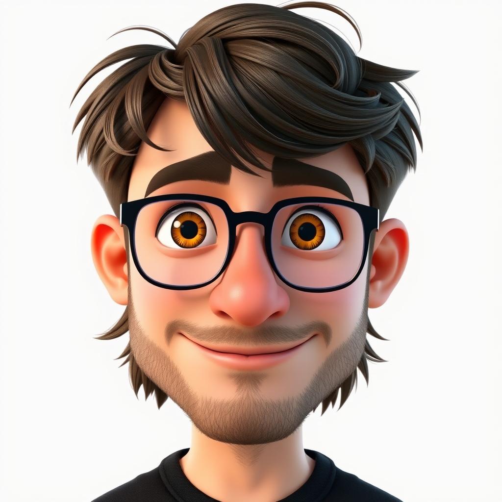 A Pixar-style animated character of a man in his late 30s, featuring light dark brown disheveled hair styled with bangs