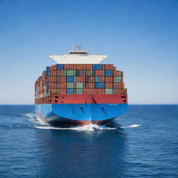 A mammoth container ship sailing in the deep blue ocean under a clear sky. The ship is loaded with colorful containers, creating a vibrant image against the tranquil sea.