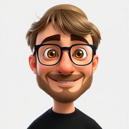 A Pixar-style animated character of a man in his late 30s, featuring light brown, disheveled hair styled with bangs