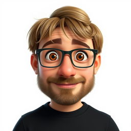 A Pixar-style animated character of a man in his late 30s, featuring light brown, disheveled hair styled with bangs