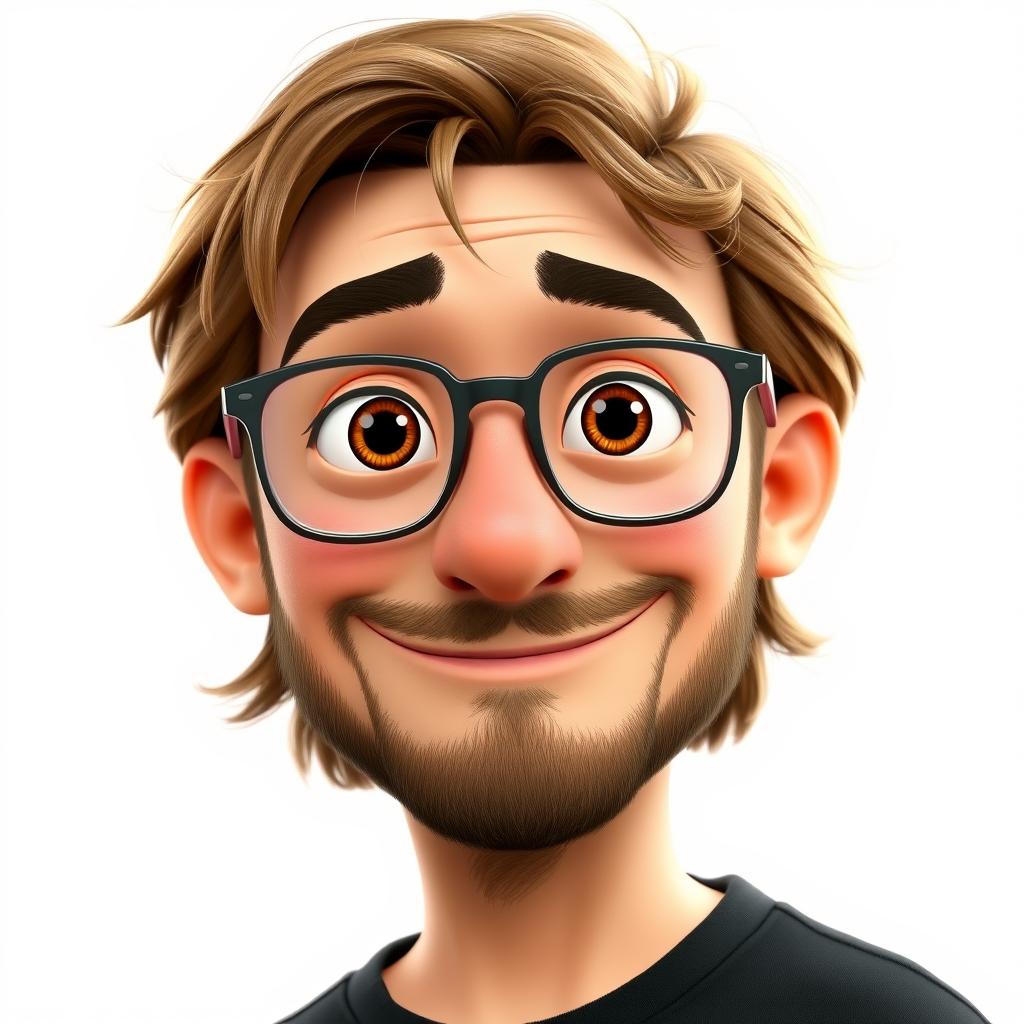 A Pixar-style animated character of a man in his late 30s, featuring light brown, disheveled hair styled with bangs