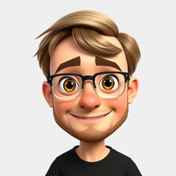 A Pixar-style animated character of a man in his late 30s, featuring light brown, disheveled hair styled with bangs