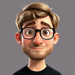 A Pixar-style animated character of a man in his late 30s, featuring light brown disheveled hair styled with bangs