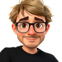 A Pixar-style animated character of a man in his late 30s, featuring light brown disheveled hair styled with bangs