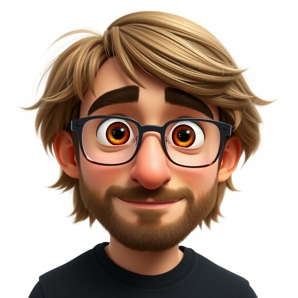 A Pixar-style animated character of a man in his late 30s, featuring light brown disheveled hair styled with bangs