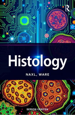 A visually stunning book cover for a modern histology textbook, featuring a harmonious blend of advanced technology and microscopic histological images