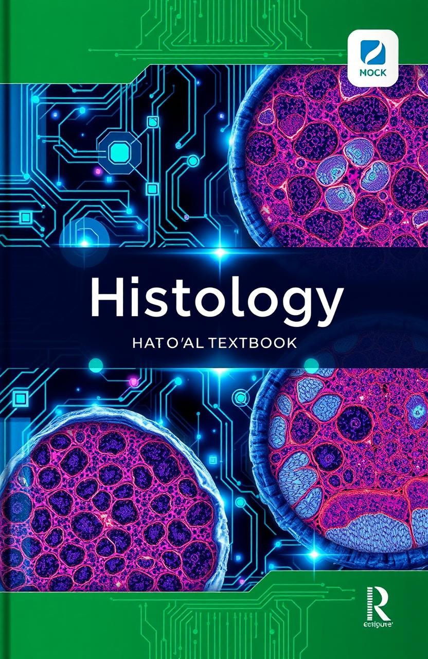 A visually stunning book cover for a modern histology textbook, featuring a harmonious blend of advanced technology and microscopic histological images