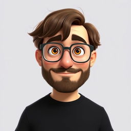 A Pixar-style animated character of a man in his late 30s, featuring brown disheveled hair styled with bangs