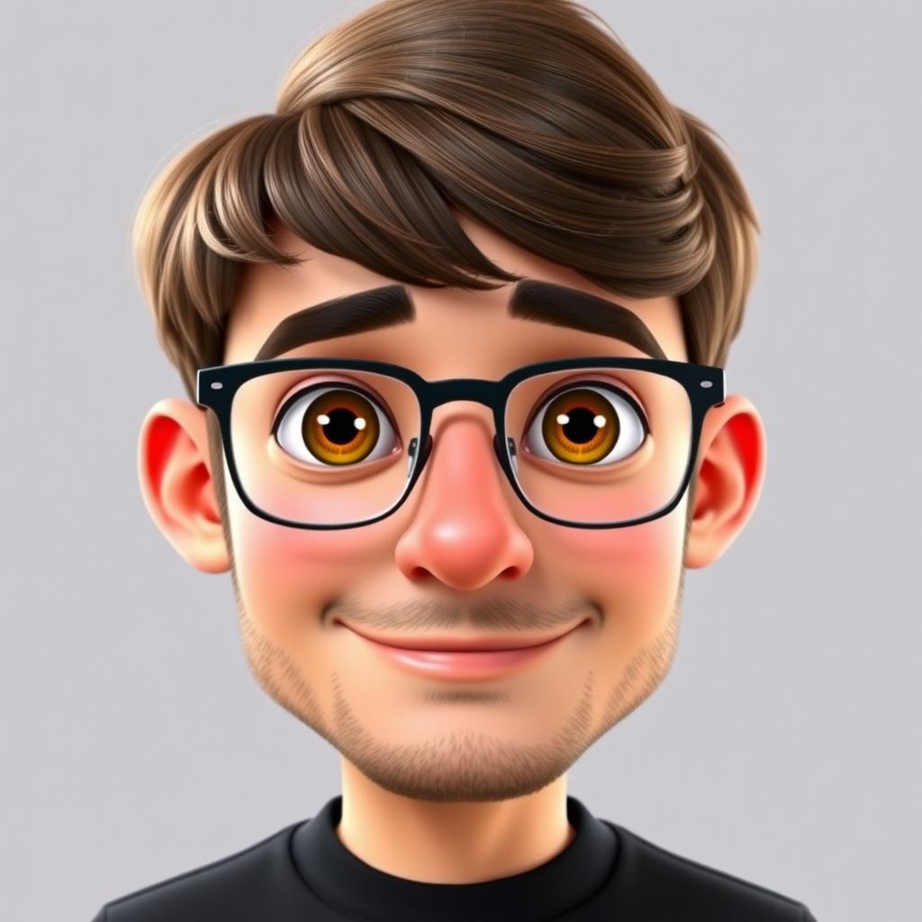 A Pixar-style animated character of a man in his late 30s, featuring brown disheveled hair styled with bangs