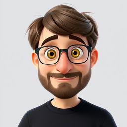 A Pixar-style animated character of a man in his late 30s, featuring brown disheveled hair styled with bangs