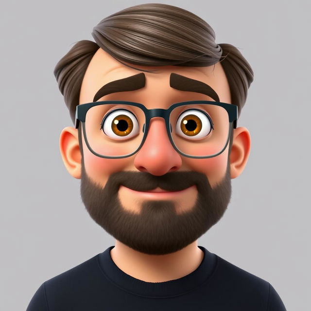 A Pixar-style animated character of a man in his late 30s, featuring brown disheveled hair styled with bangs