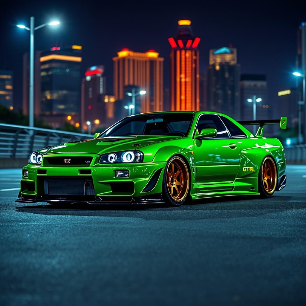 A stunning Nissan GT-R R34 in a vibrant green color, showcasing an aggressive widebody kit