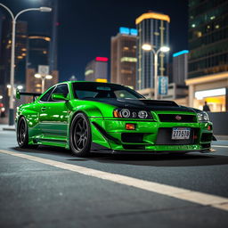 A stunning Nissan GT-R R34 in a vibrant green color, showcasing an aggressive widebody kit