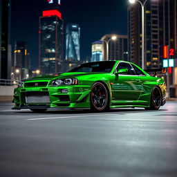 A stunning Nissan GT-R R34 in a vibrant green color, showcasing an aggressive widebody kit