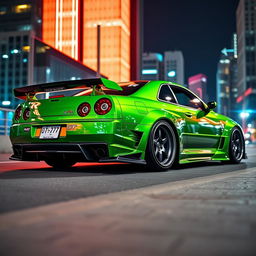 A stunning Nissan GT-R R34 in a vibrant green color, showcasing an aggressive widebody kit