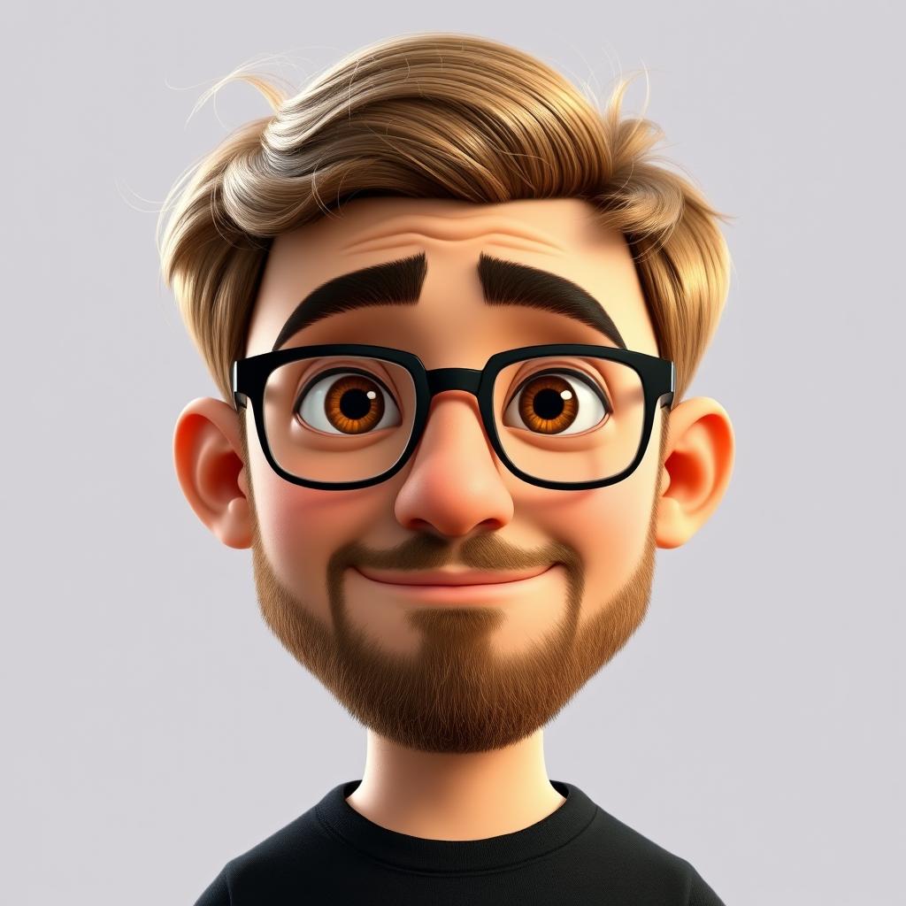 A Pixar-style animated character of a man in his late 30s, depicted with short and thick disheveled light brown hair