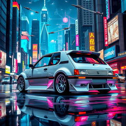 A sleek white Peugeot 205 DTurbo modified with an impressive bodykit, set against a vibrant and futuristic cyberpunk cityscape