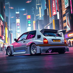 A sleek white Peugeot 205 DTurbo modified with an impressive bodykit, set against a vibrant and futuristic cyberpunk cityscape