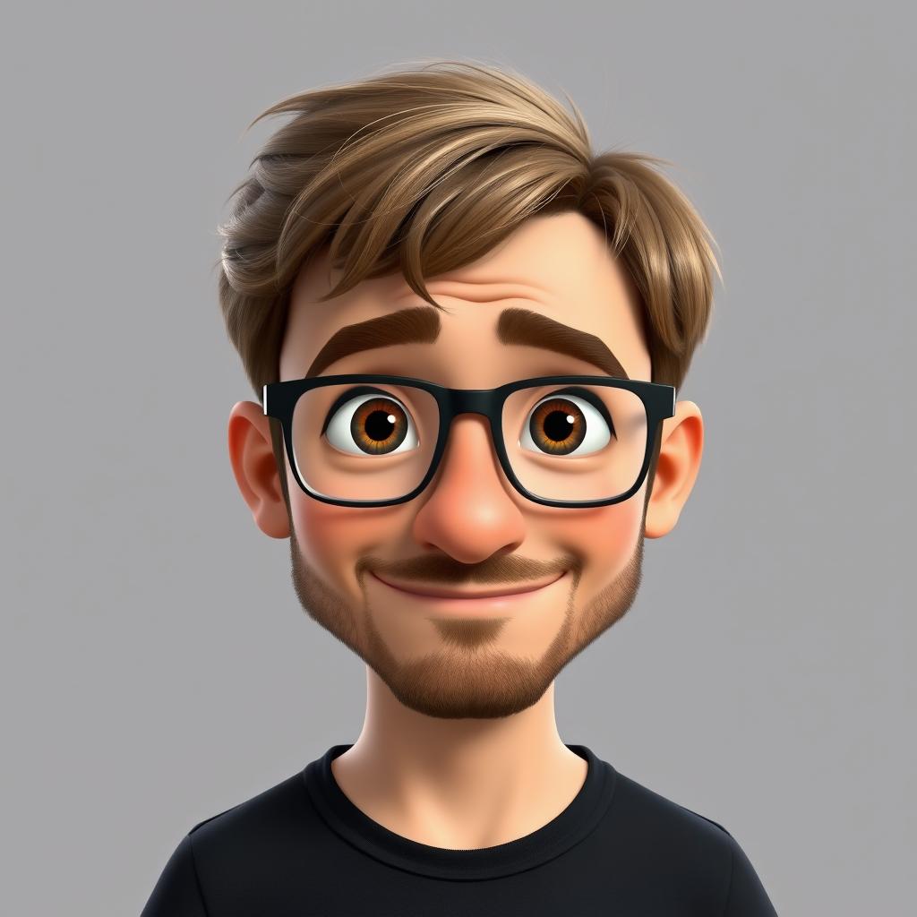 A Pixar-style animated character of a man in his late 30s, featuring short and thick disheveled light brown hair