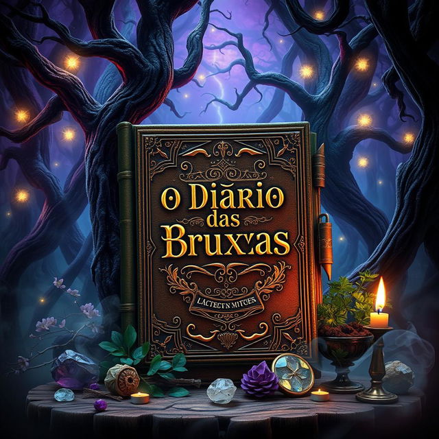 A captivating cover design for 'O Diário das Bruxas', showcasing an ornate witch's diary surrounded by magical elements