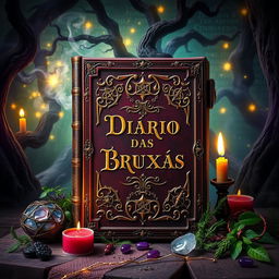 A captivating cover design for 'O Diário das Bruxas', showcasing an ornate witch's diary surrounded by magical elements