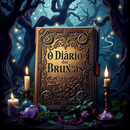 A captivating cover design for 'O Diário das Bruxas', showcasing an ornate witch's diary surrounded by magical elements