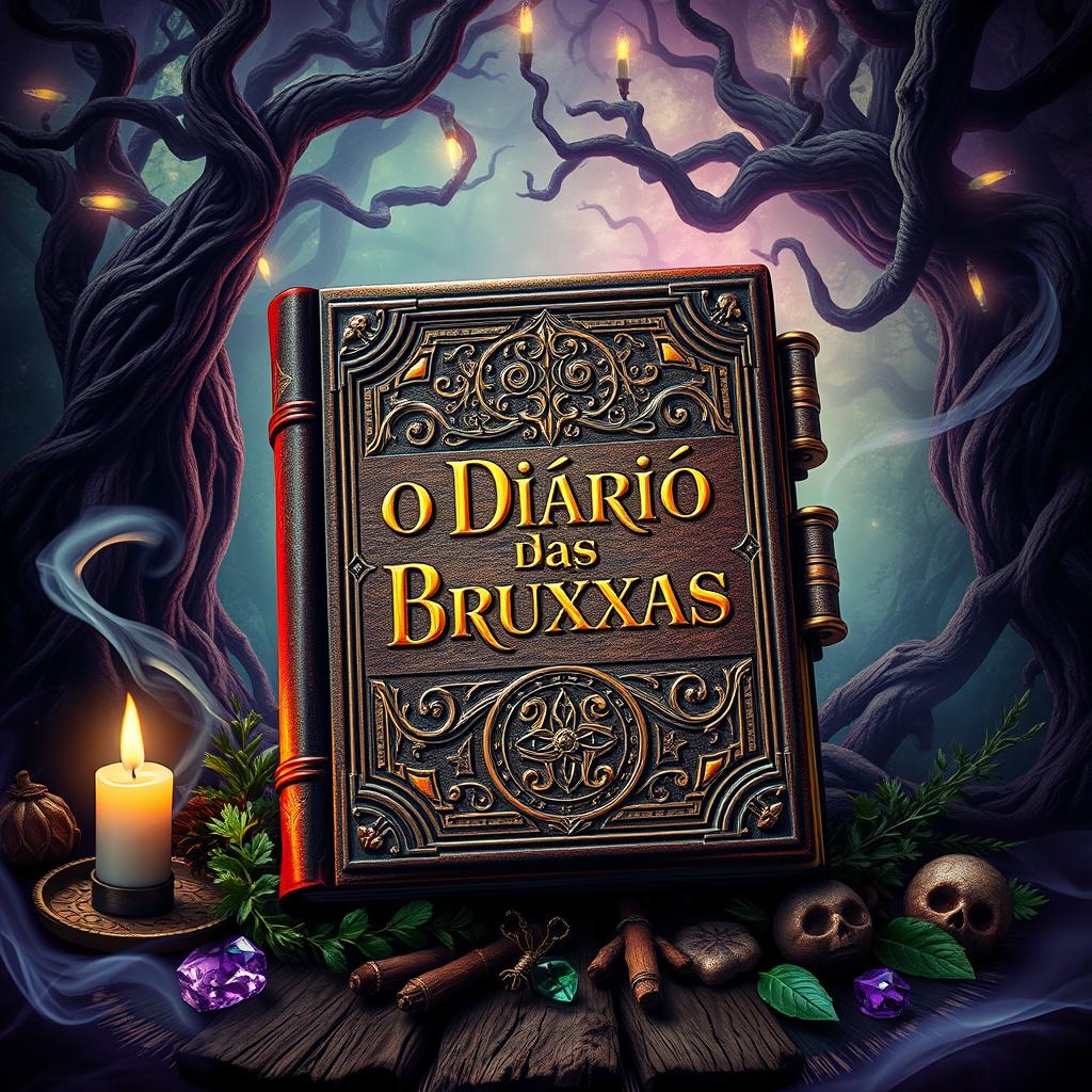 A captivating cover design for 'O Diário das Bruxas', showcasing an ornate witch's diary surrounded by magical elements