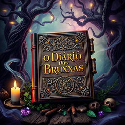 A captivating cover design for 'O Diário das Bruxas', showcasing an ornate witch's diary surrounded by magical elements