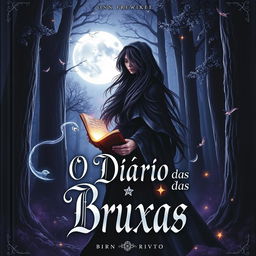 A captivating book cover for 'O Diário das Bruxas', featuring a mystical forest atmosphere