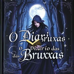 A captivating book cover for 'O Diário das Bruxas', featuring a mystical forest atmosphere