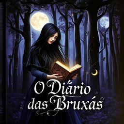 A captivating book cover for 'O Diário das Bruxas', featuring a mystical forest atmosphere