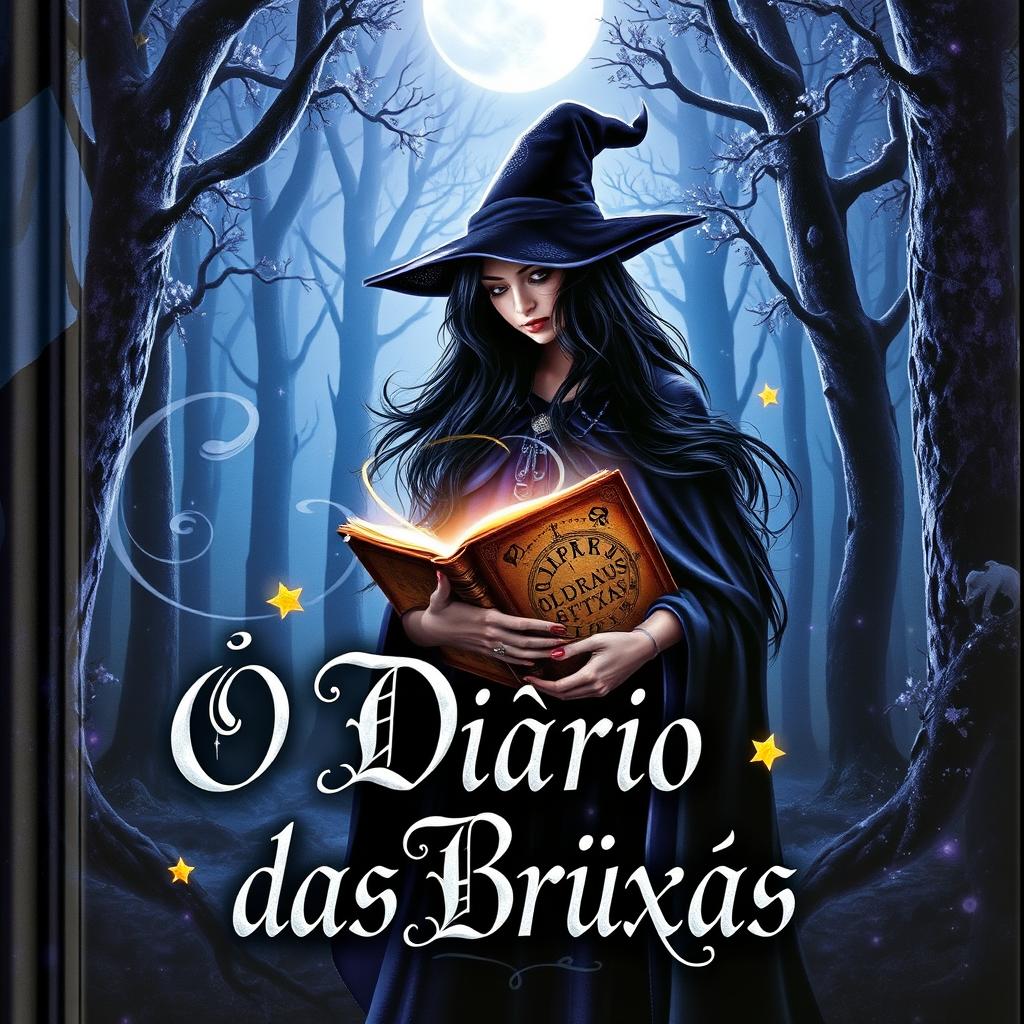 A captivating book cover for 'O Diário das Bruxas', featuring a mystical forest atmosphere