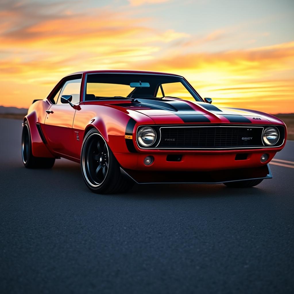 A stunning 1968 Chevrolet Camaro with a wide body kit, featuring an aggressive stance and sleek aerodynamic design