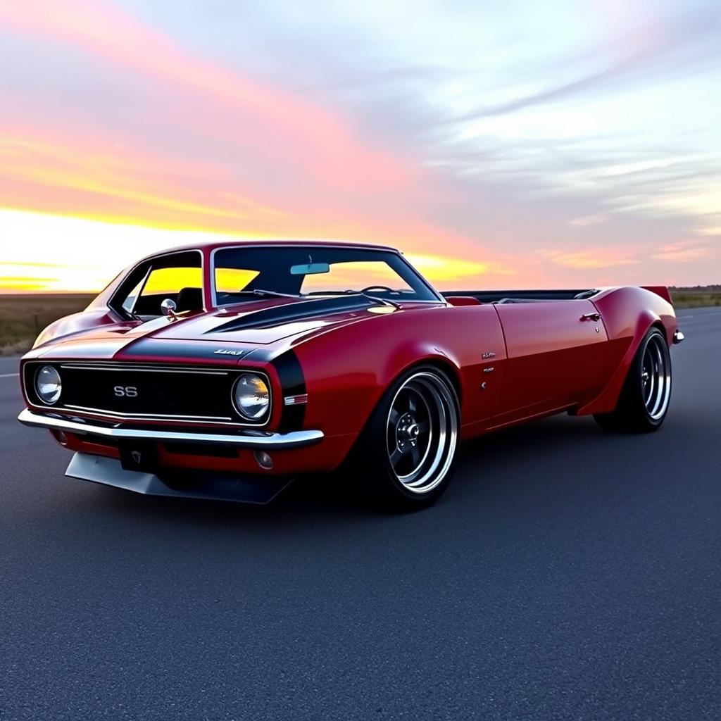 A stunning 1968 Chevrolet Camaro with a wide body kit, featuring an aggressive stance and sleek aerodynamic design