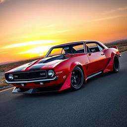 A stunning 1968 Chevrolet Camaro with a wide body kit, featuring an aggressive stance and sleek aerodynamic design